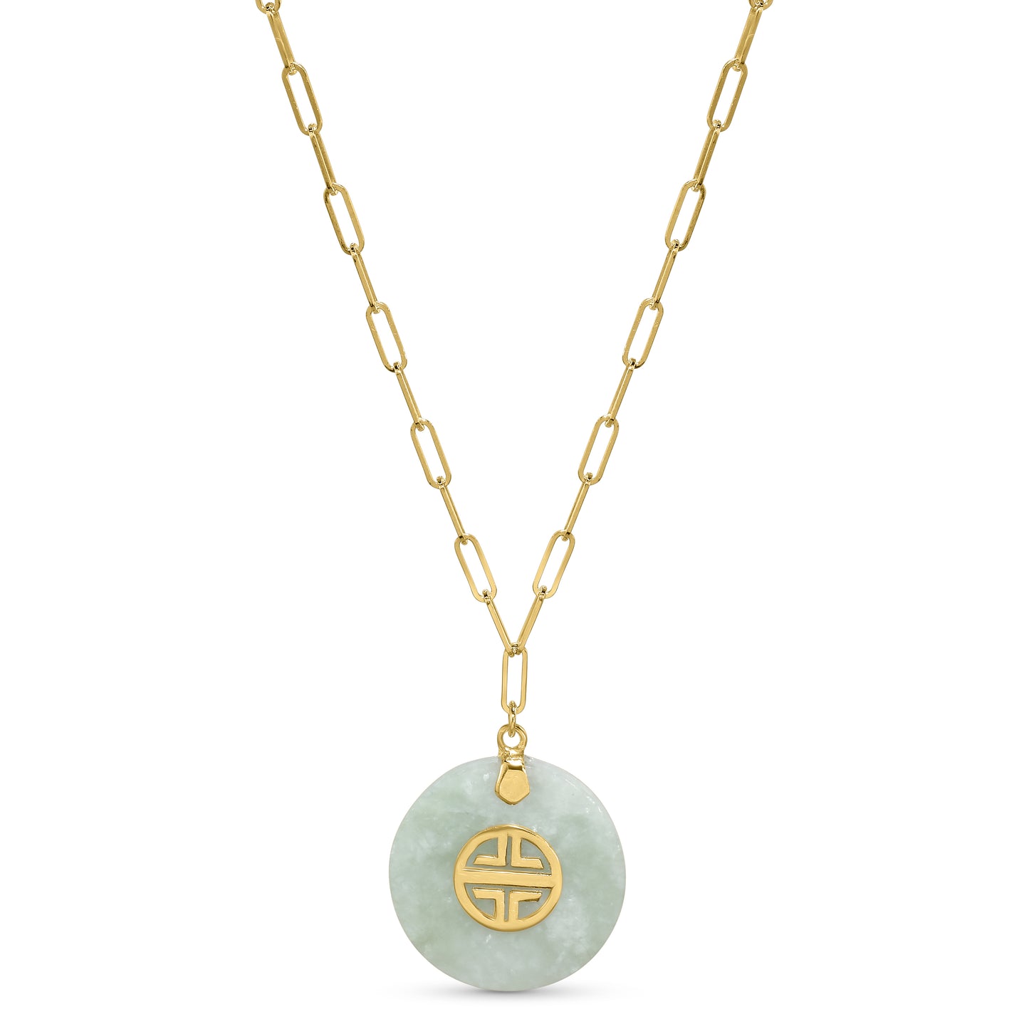 14k Natural Jade Longevity Pendant Paperclip Necklace