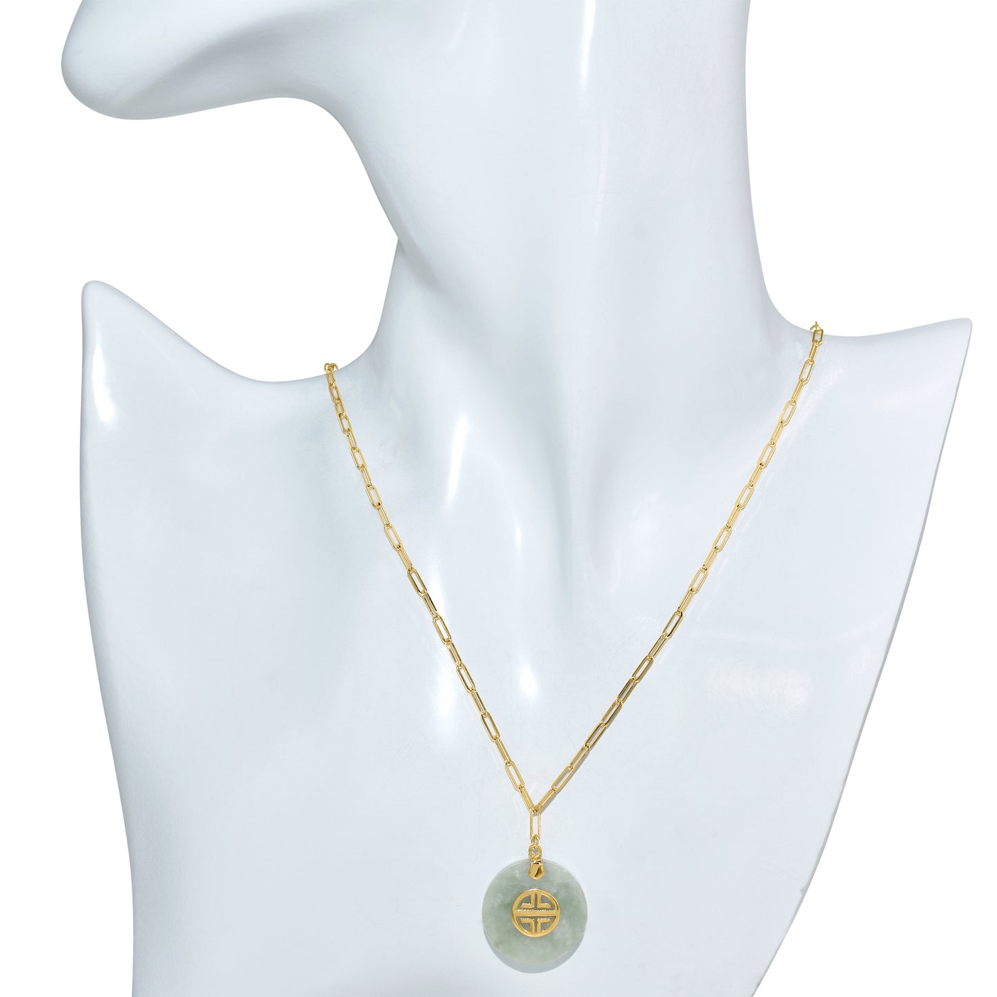 14k Natural Jade Longevity Pendant Paperclip Necklace