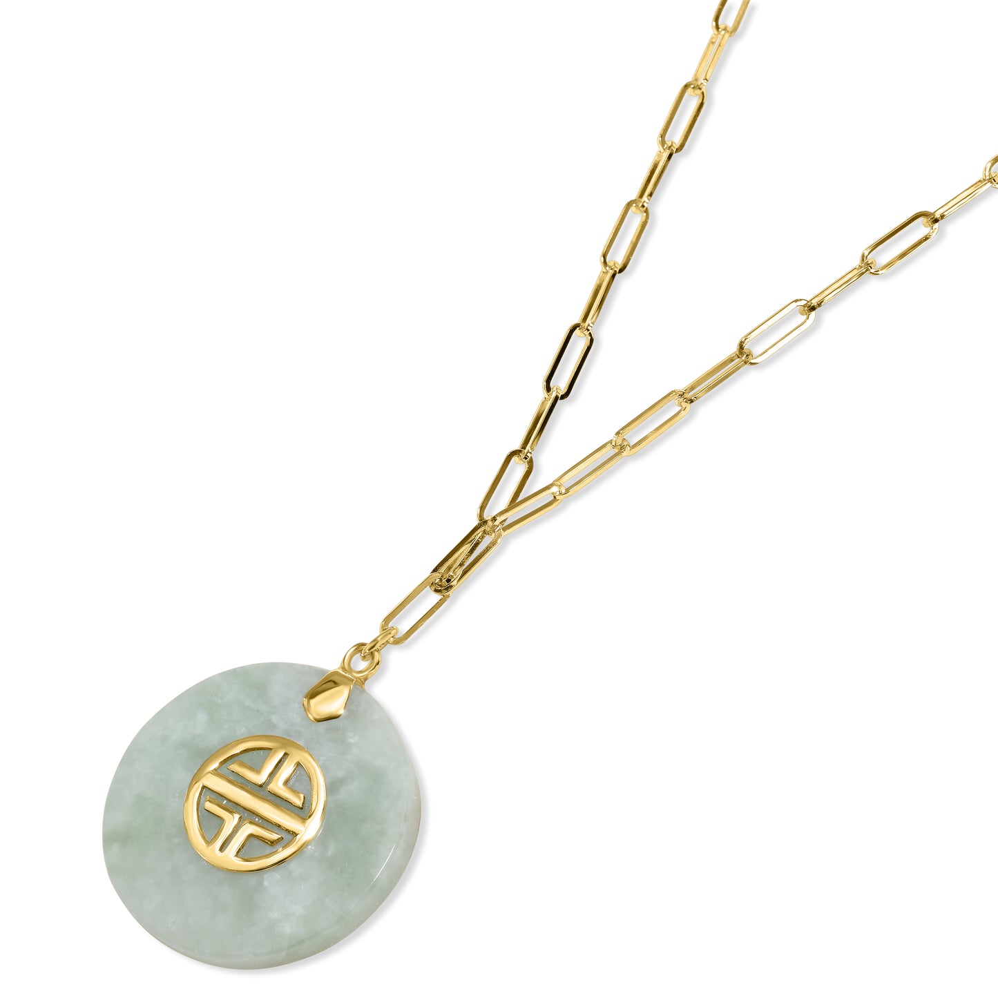 14k Natural Jade Longevity Pendant Paperclip Necklace