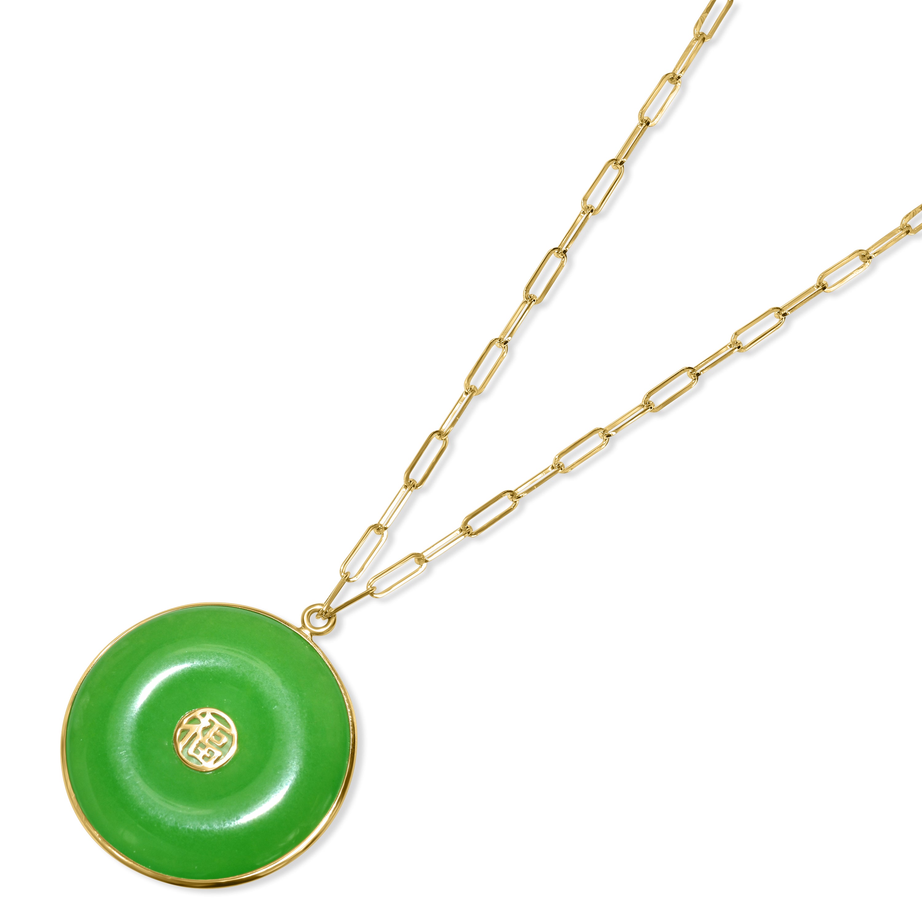 14k Green Jade Good Luck Pendant Paperclip Necklace