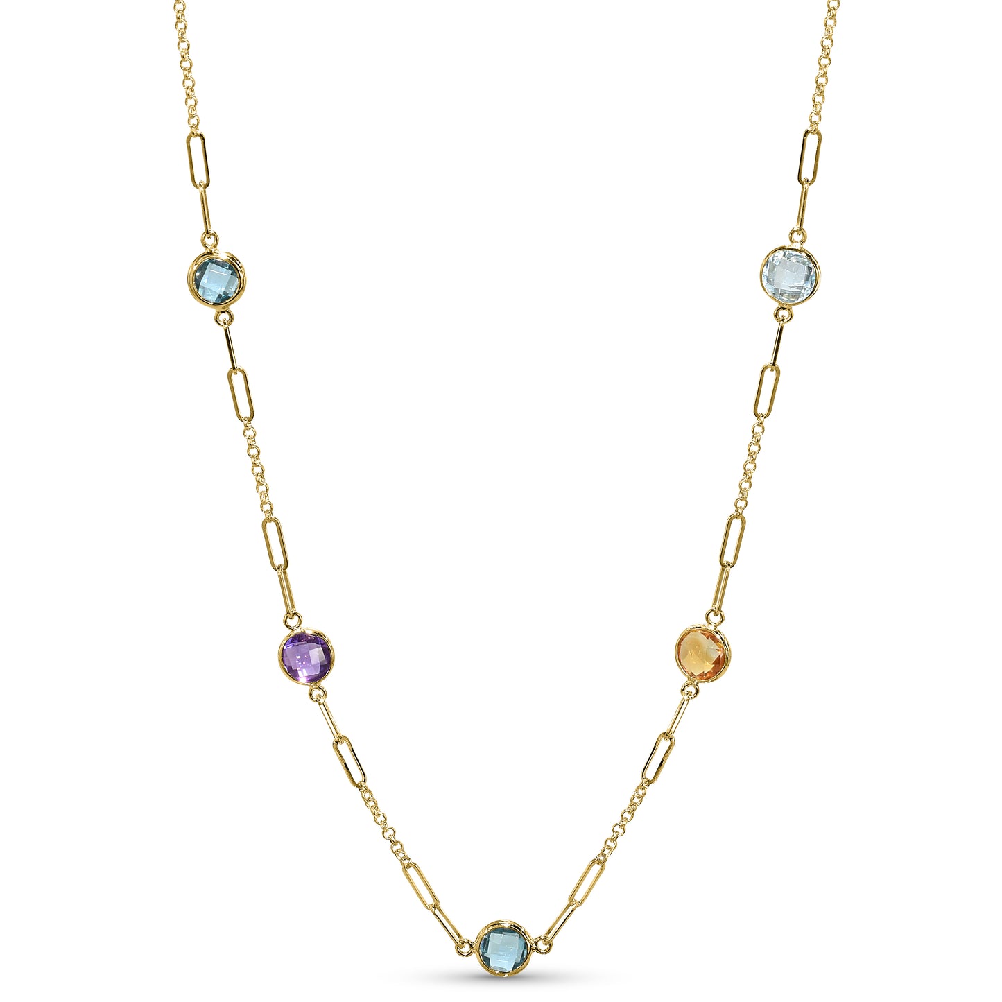 14k Multi Gemstone 5 Round Bezel Station Necklace