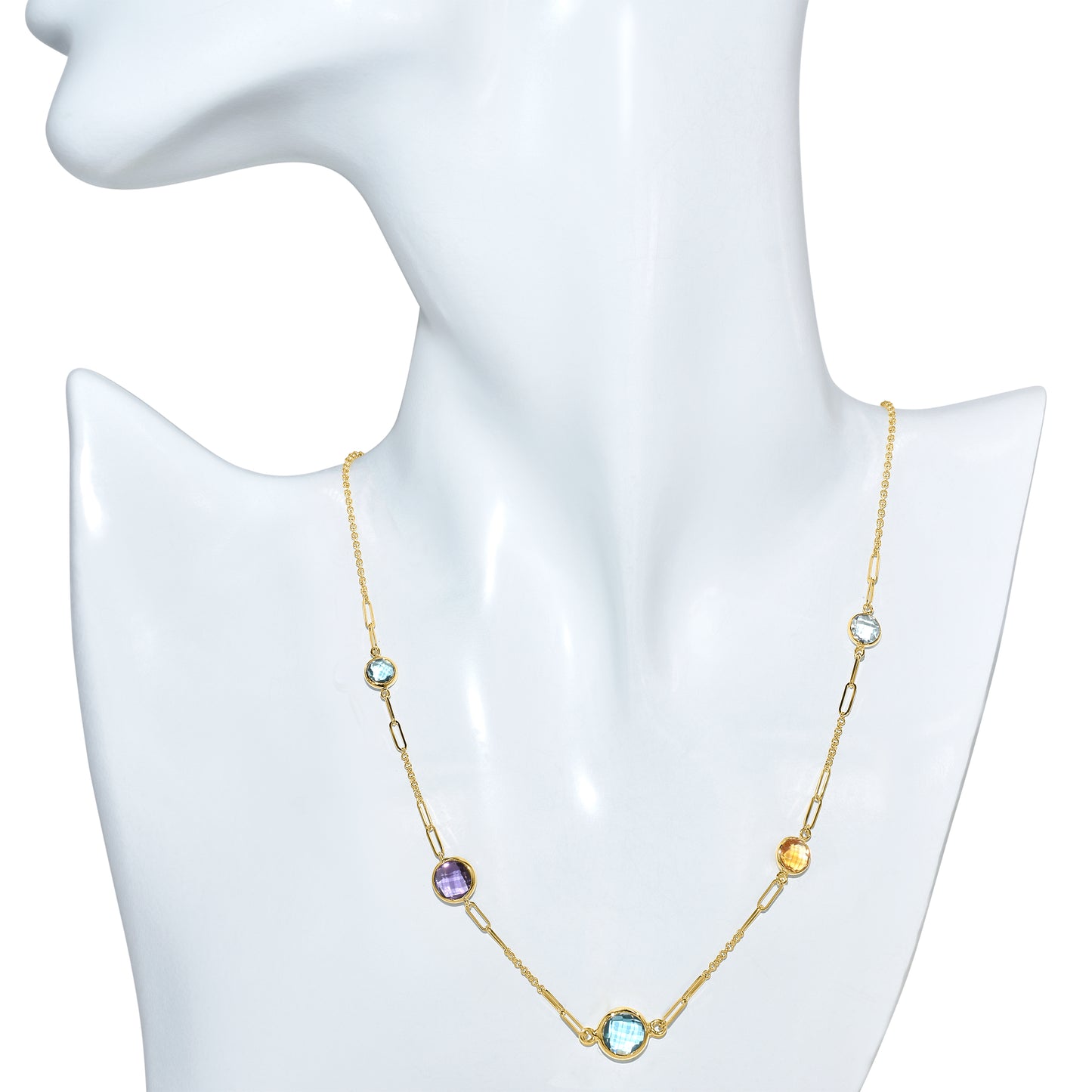 14k Multi Gemstone 5 Round Bezel Station Necklace