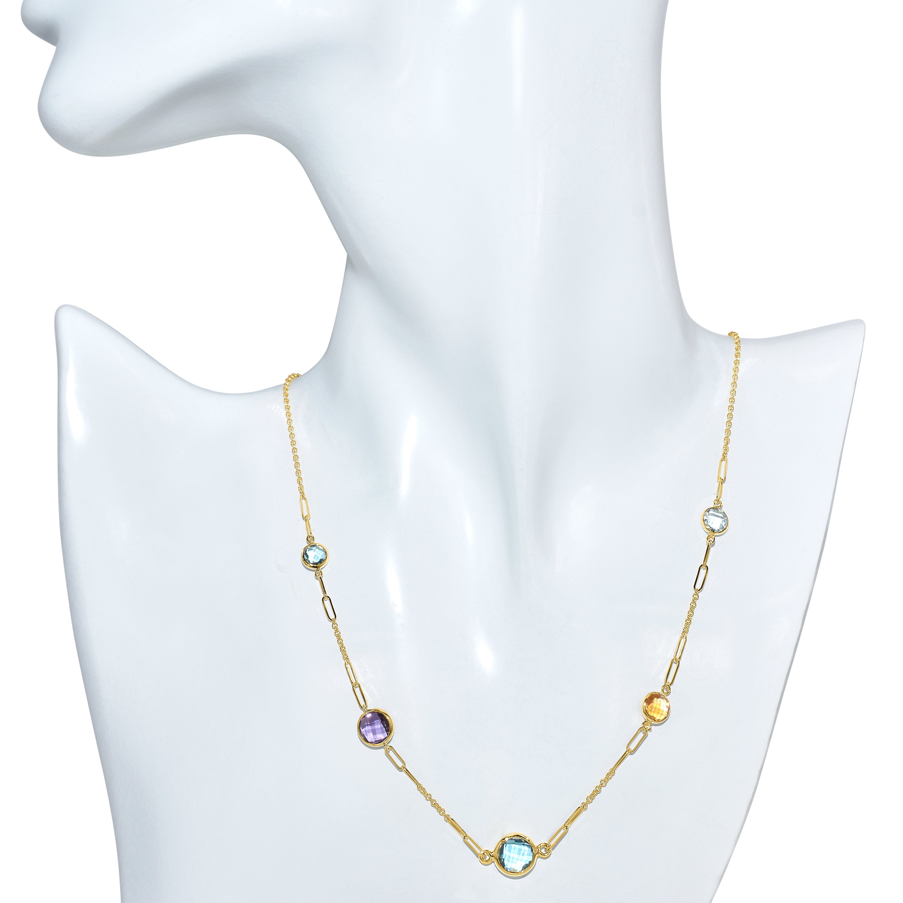 14k Multi Gemstone 5 Round Bezel Station Necklace
