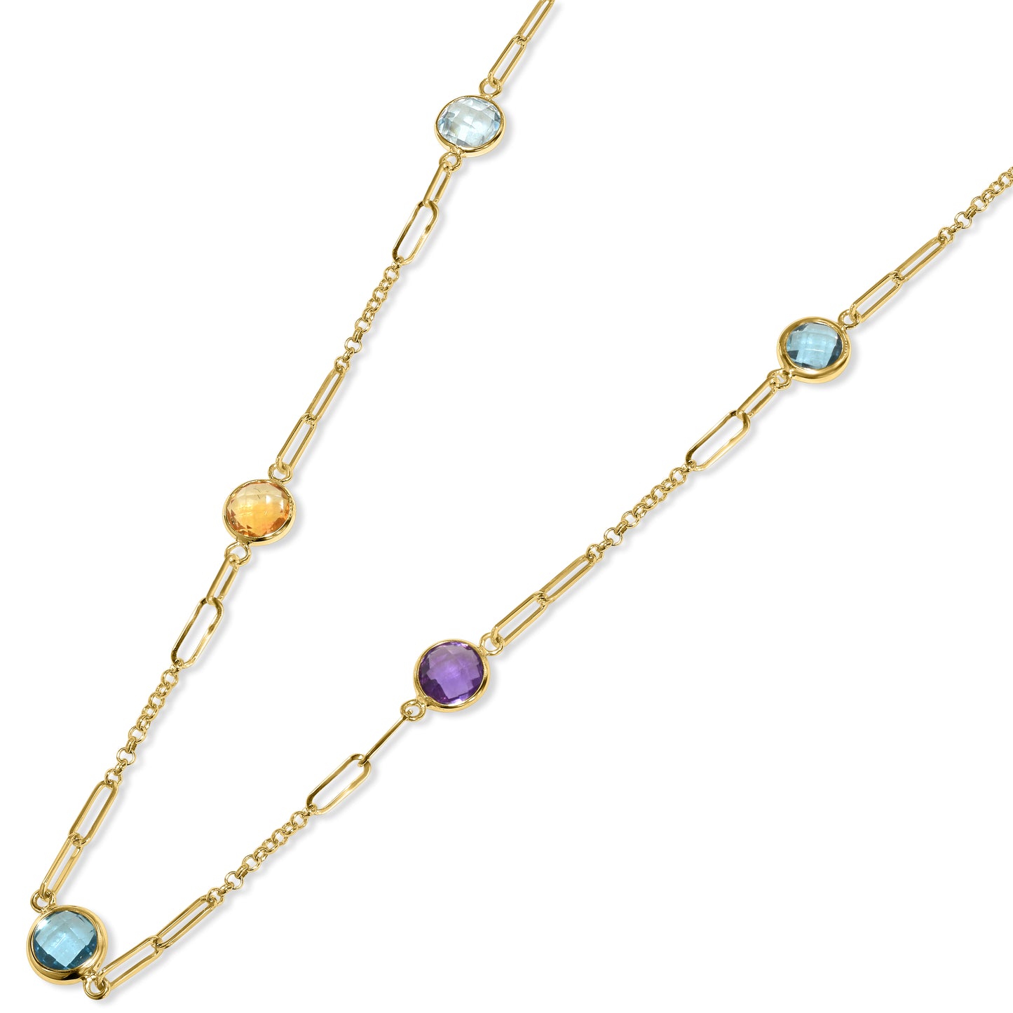 14k Multi Gemstone 5 Round Bezel Station Necklace