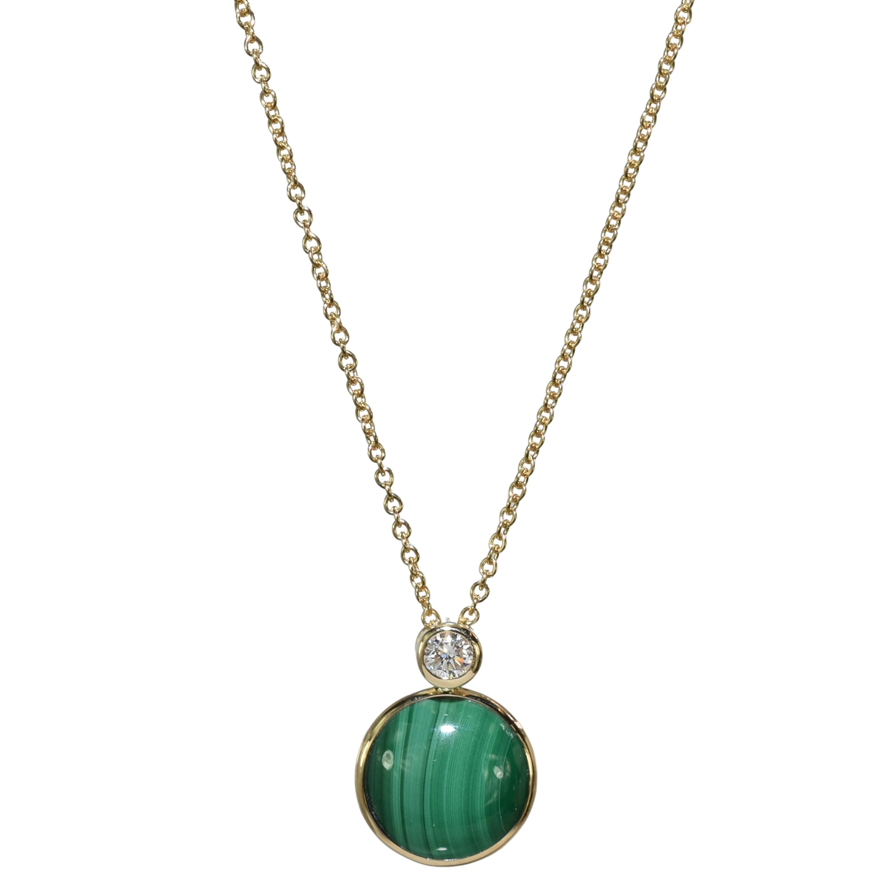 14k Malachite or Green Jade & Diamond Round Bezel Pendant Necklace