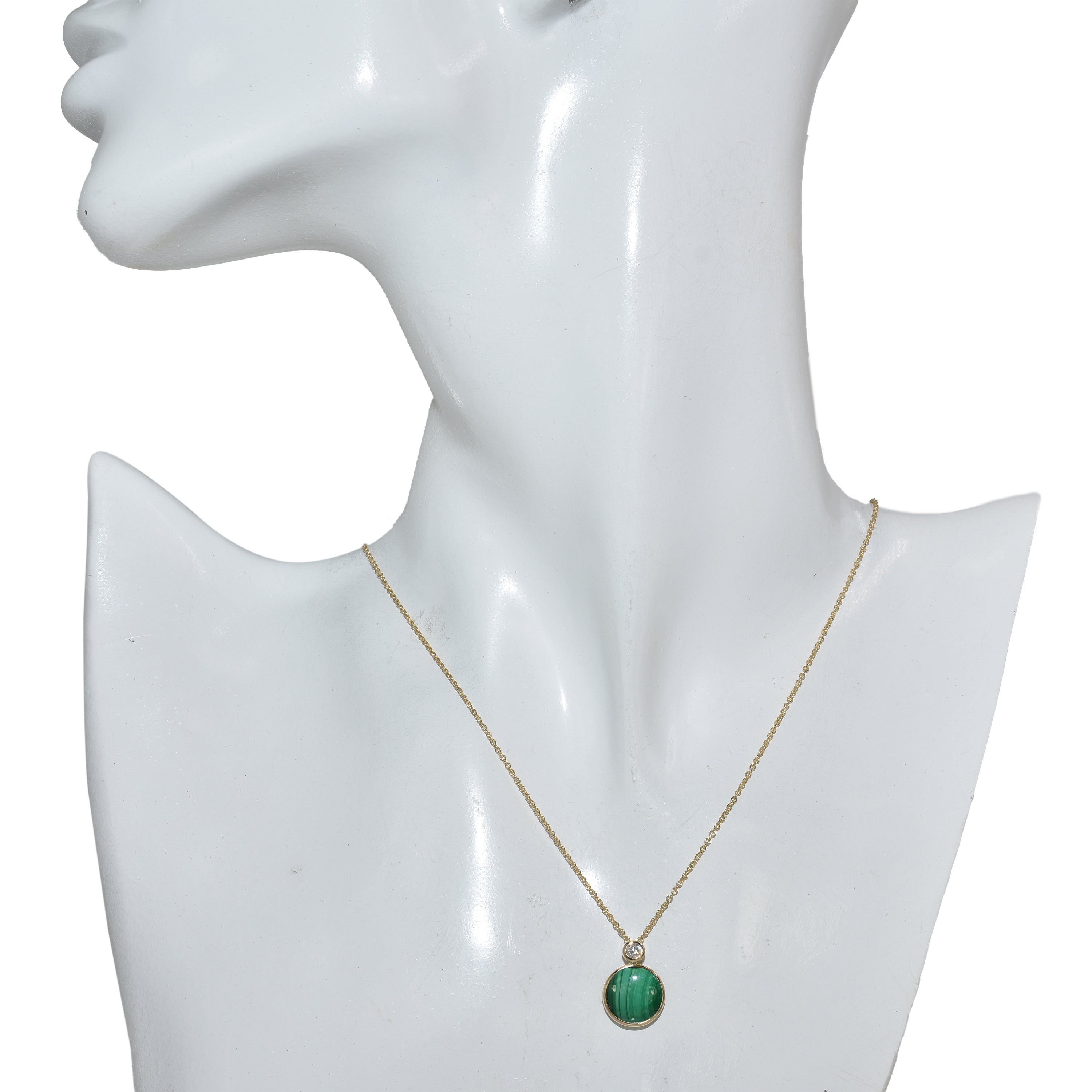 14k Malachite or Green Jade & Diamond Round Bezel Pendant Necklace