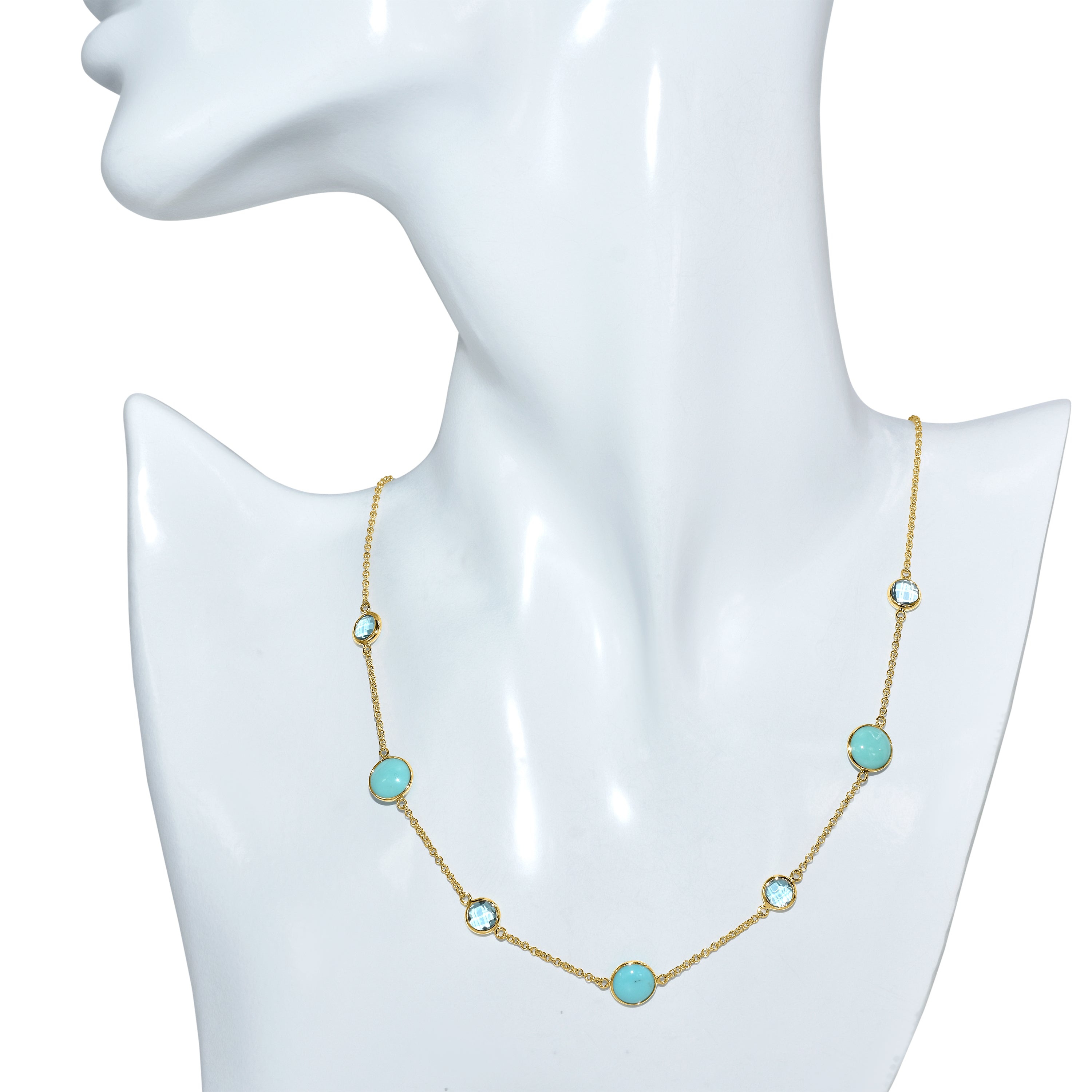 14k Swiss Blue Topaz Turquoise 7 Station Necklace