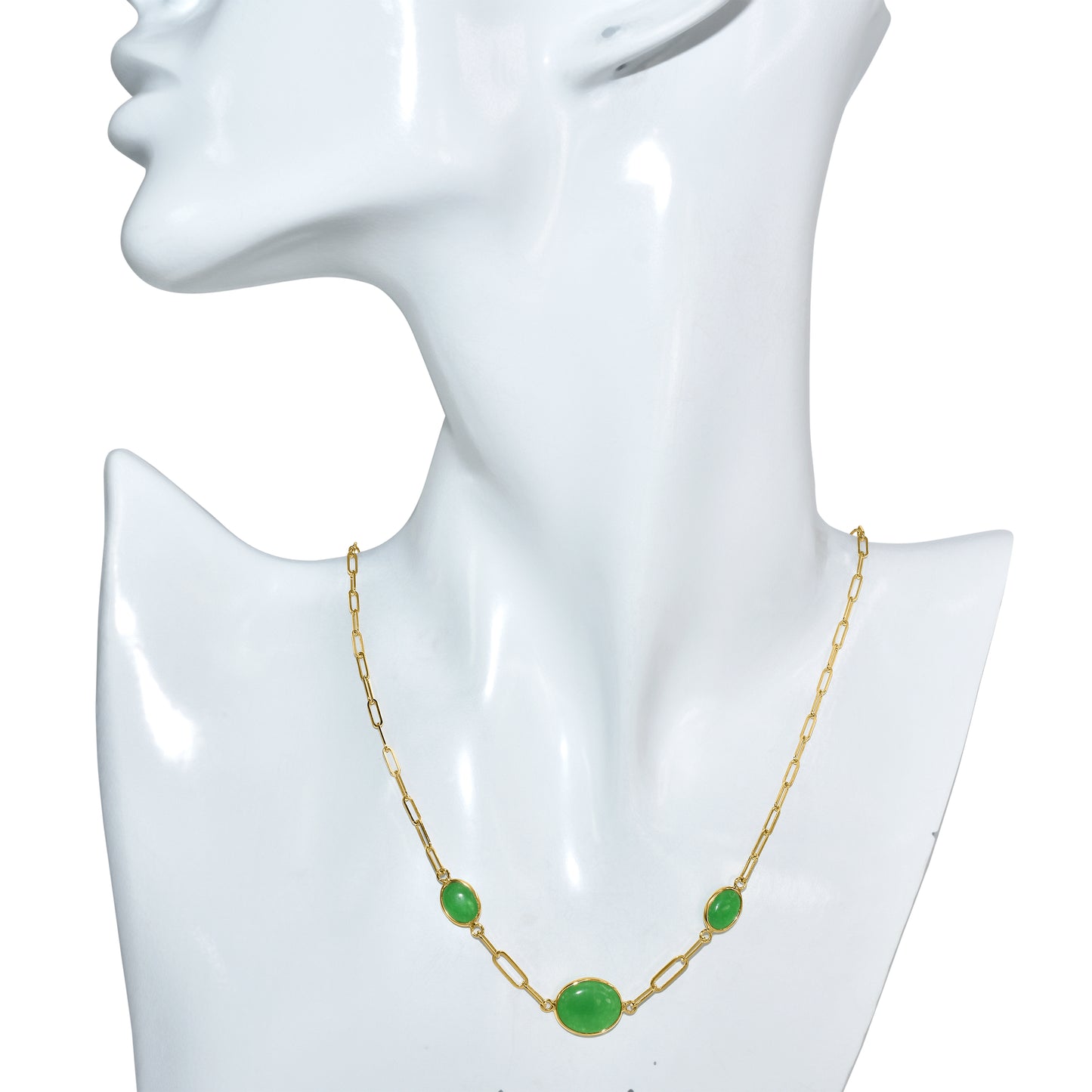 14k Green Jade 3 Oval Bezel Paperclip Chain Necklace