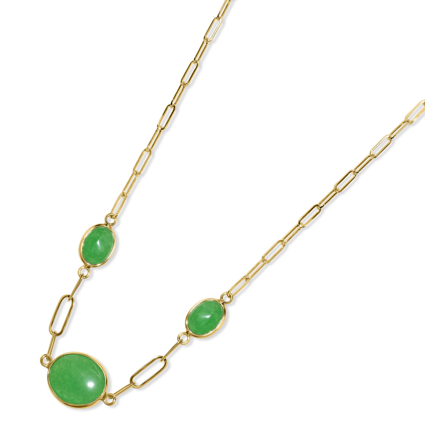 14k Green Jade 3 Oval Bezel Paperclip Chain Necklace