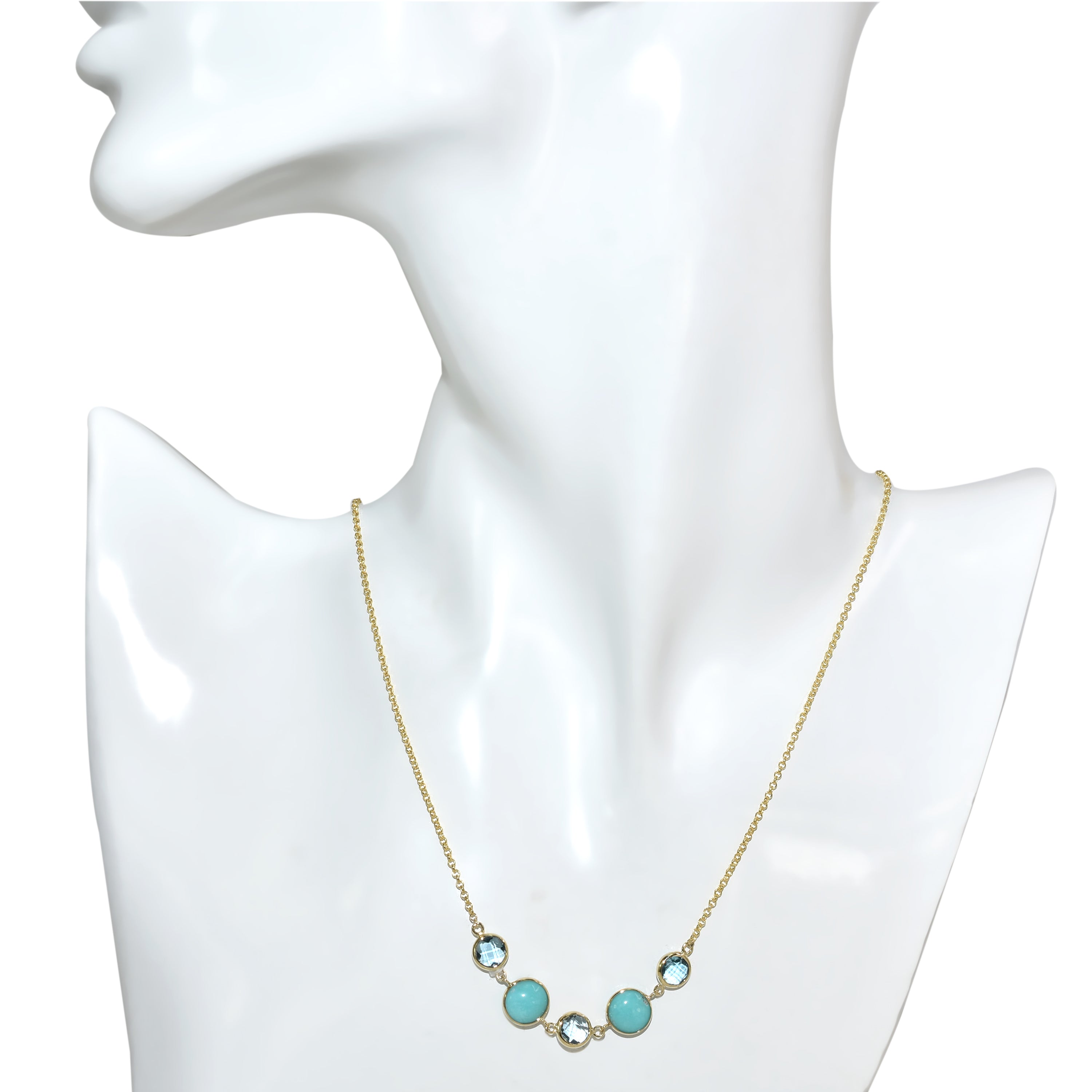 14k Swiss Blue Topaz Turquoise 5 Bezel Necklace