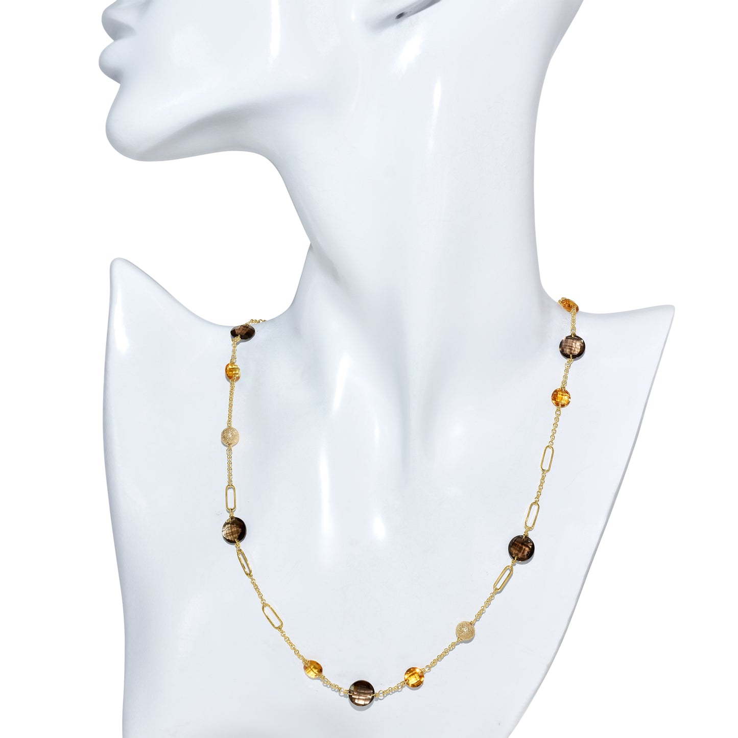 14k Citrine Smoky Quartz Coin Fancy Station Necklace