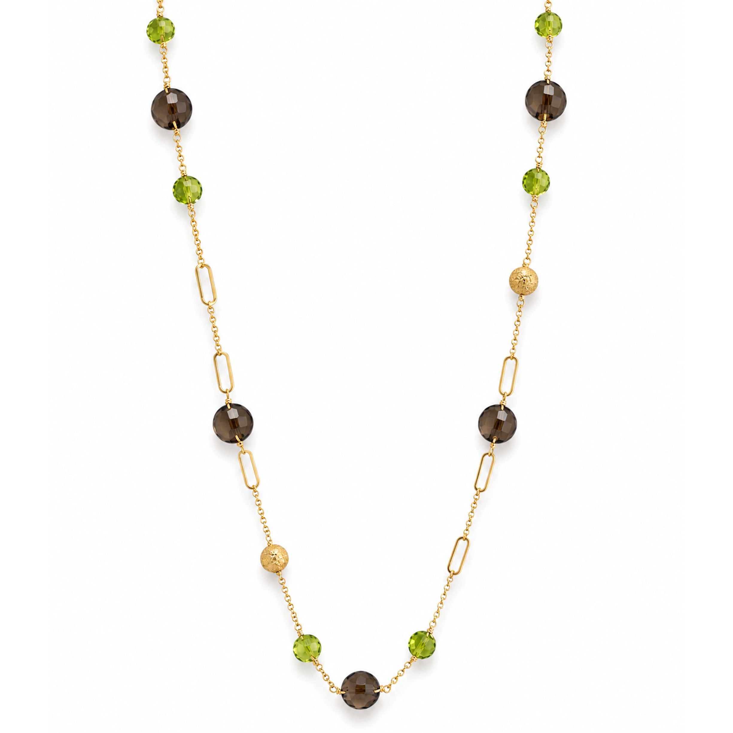14k Peridot Smoky Quartz Fancy Station Necklace