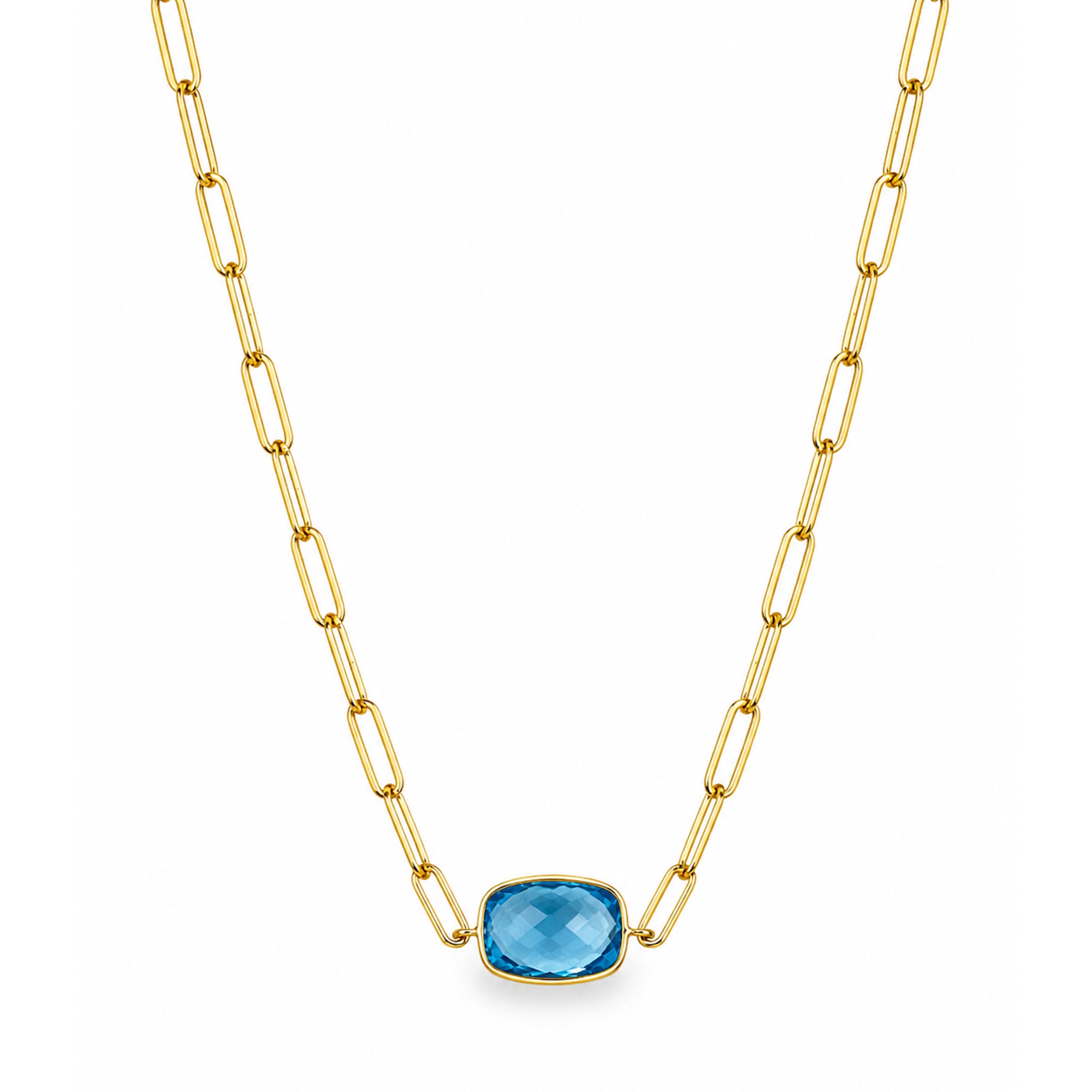 14k Swiss Blue Topaz Cushion Center Paperclip Necklace