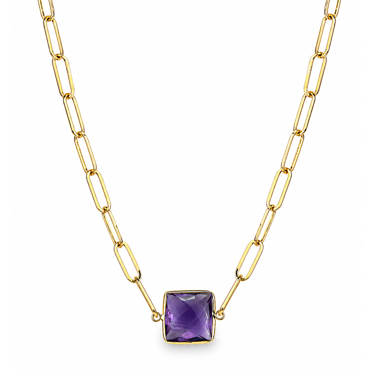 14k Amethyst Square Center Paperclip Necklace