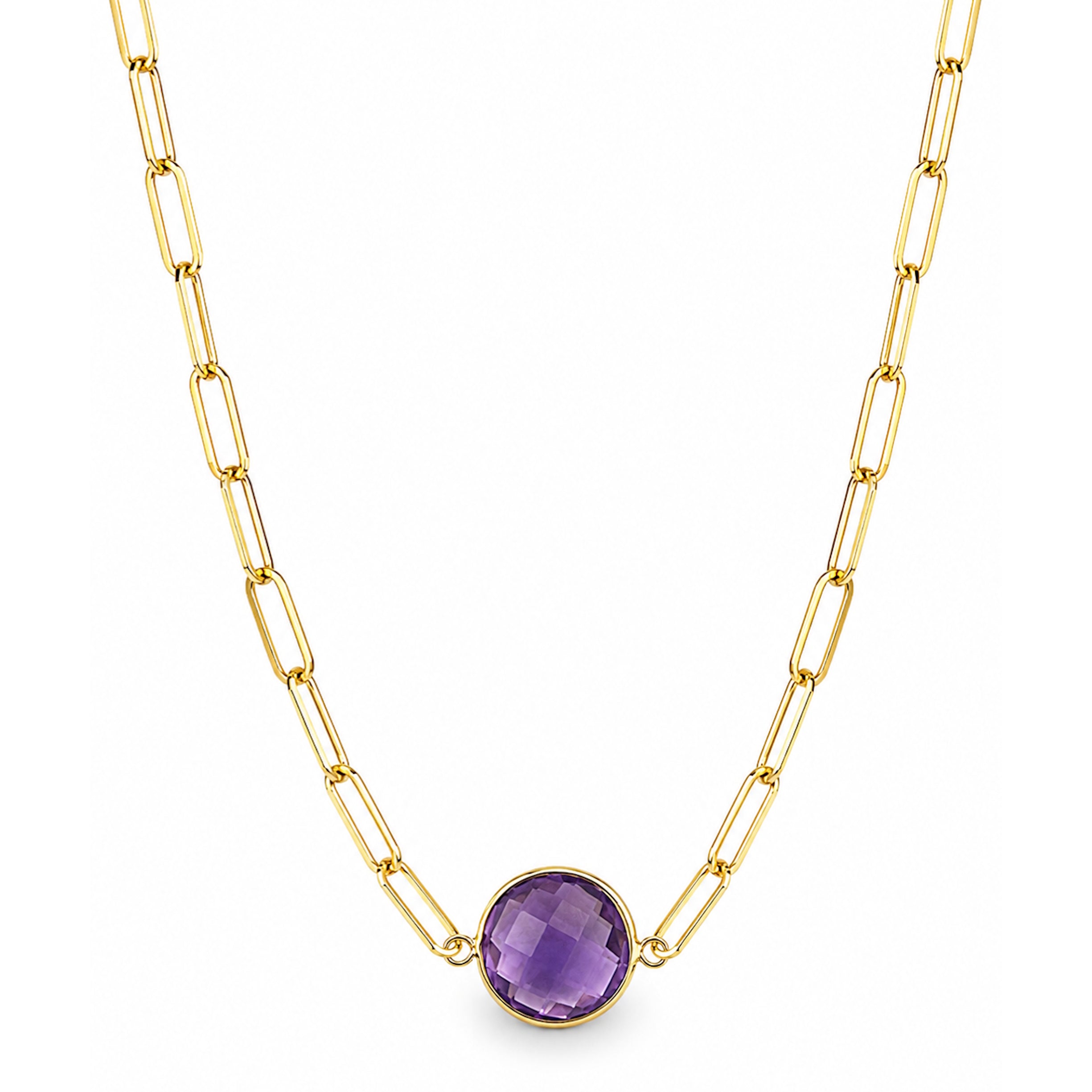 14k Amethyst Round Center Paperclip Necklace