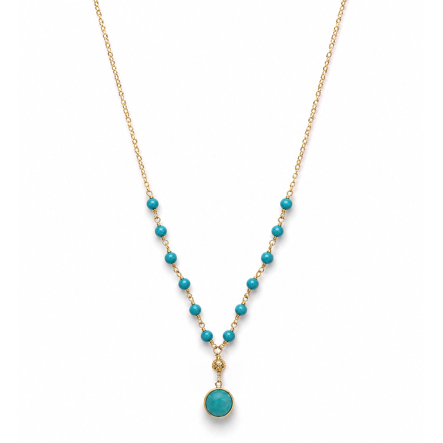 14k Turquoise Link Front Round Bezel Pendant Necklace