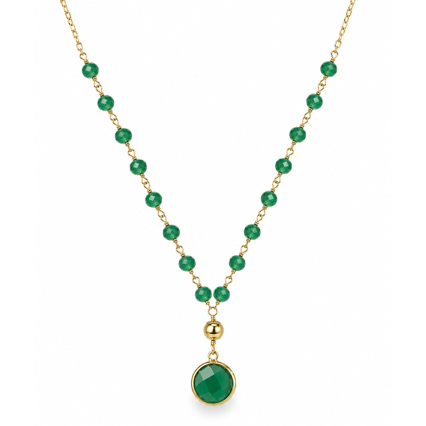 14k Emerald Link Green Onyx Round Pendant Necklace