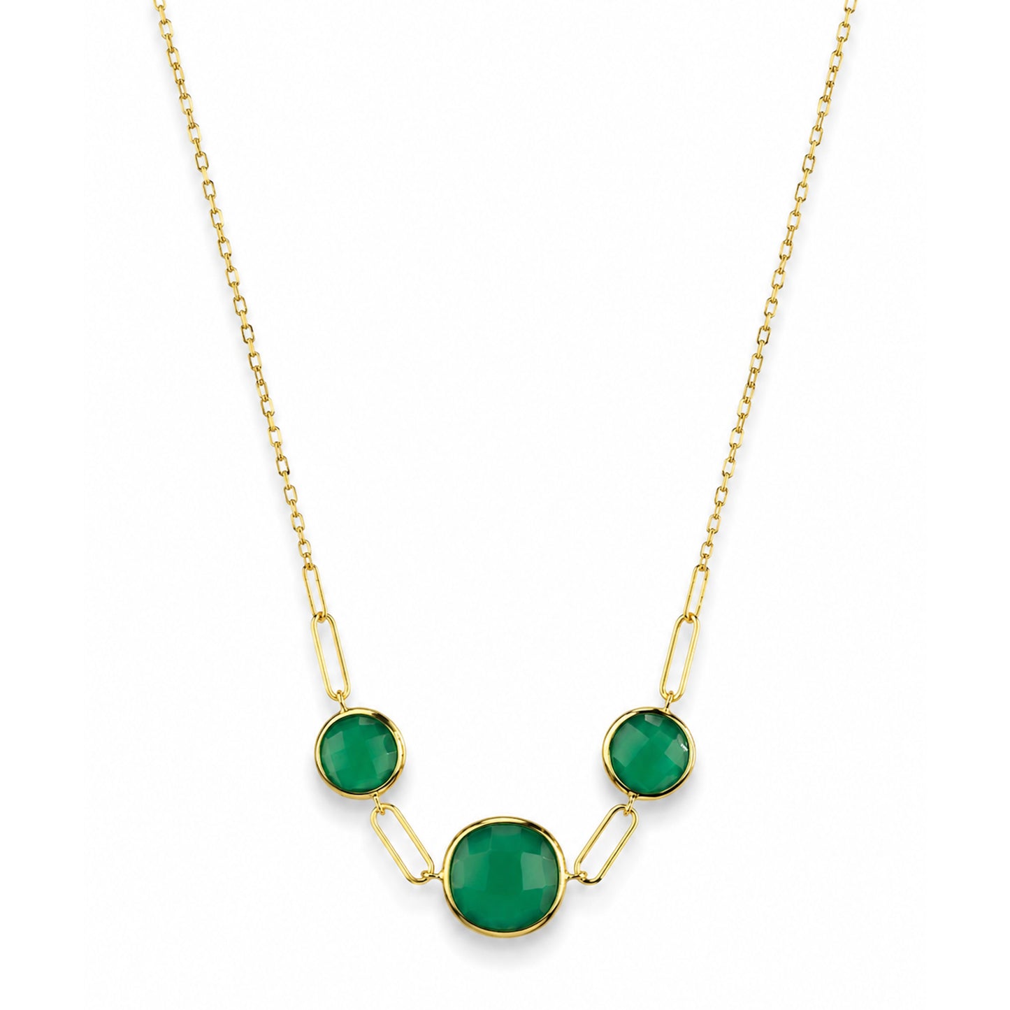 14k Green Onyx 3 Round Bezel Paperclip Necklace