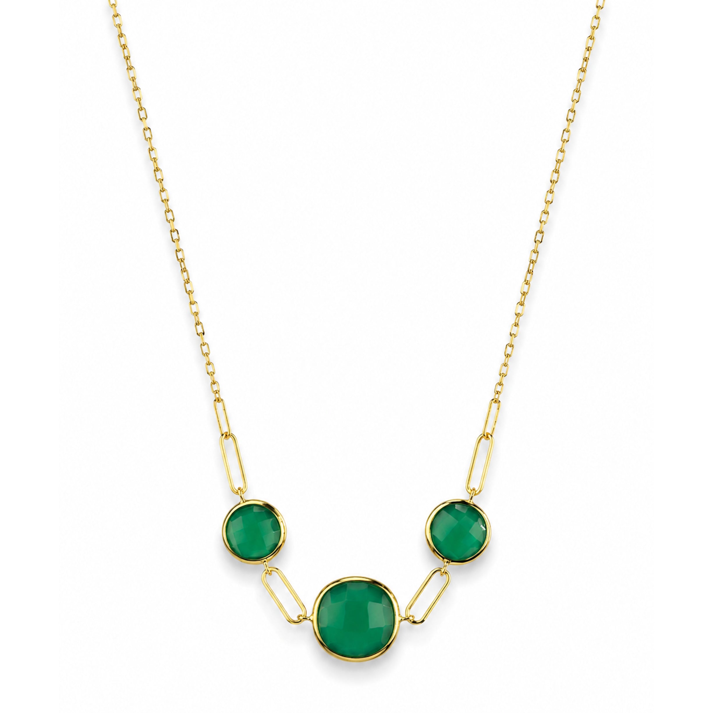 14k Green Onyx 3 Round Bezel Paperclip Necklace