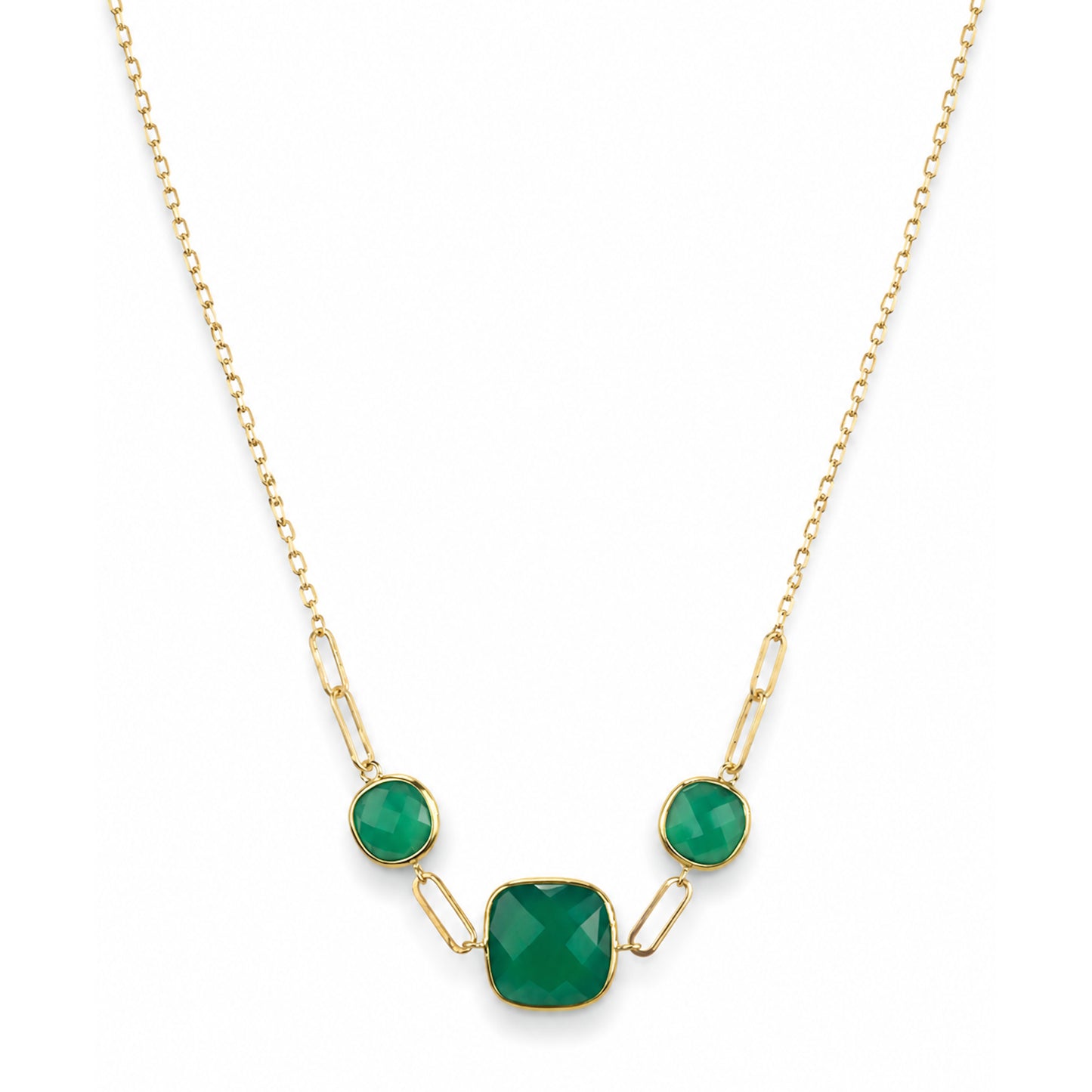14k Green Onyx 3 Cushion Paperclip Necklace