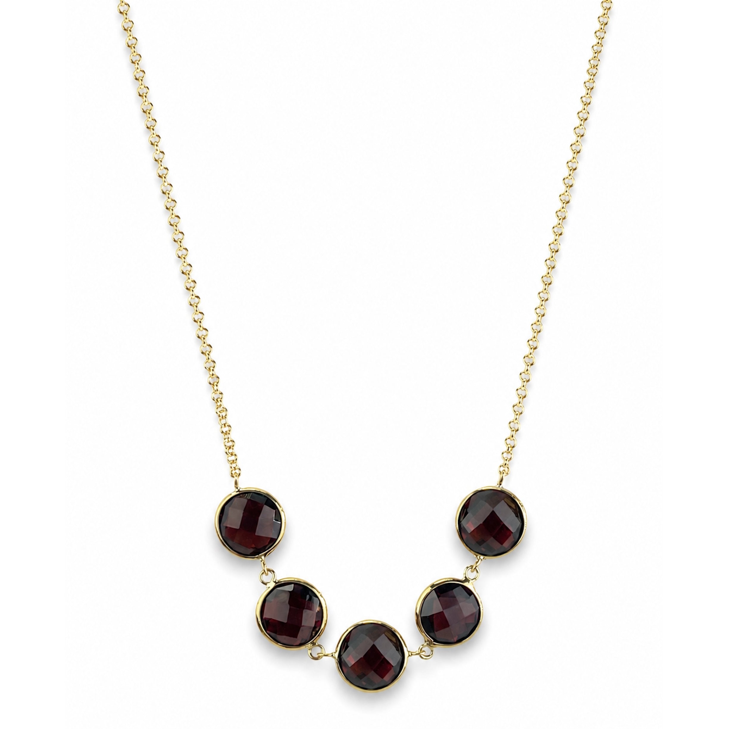14k Garnet 5 Round Bezel Link Front Necklace