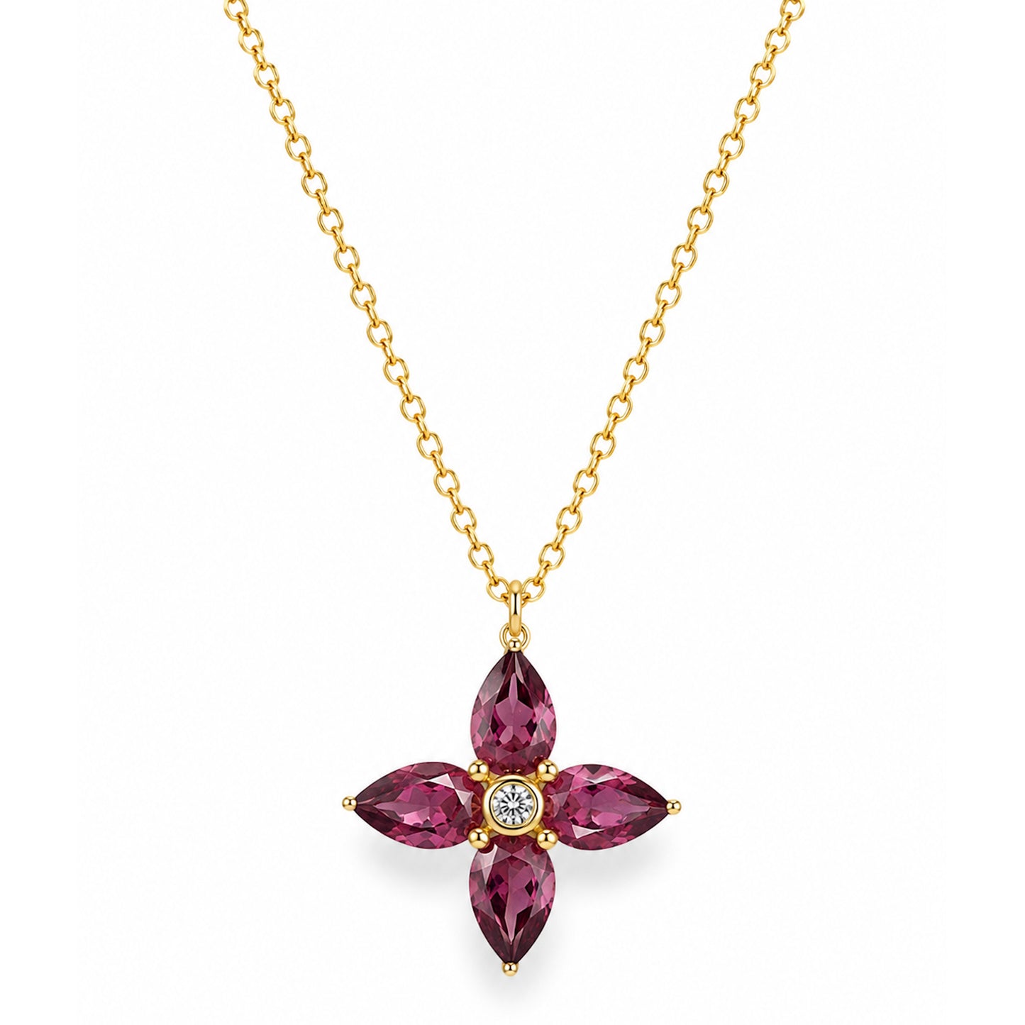 14k Rhodolite Garnet Diamond Flower Pendant Necklace
