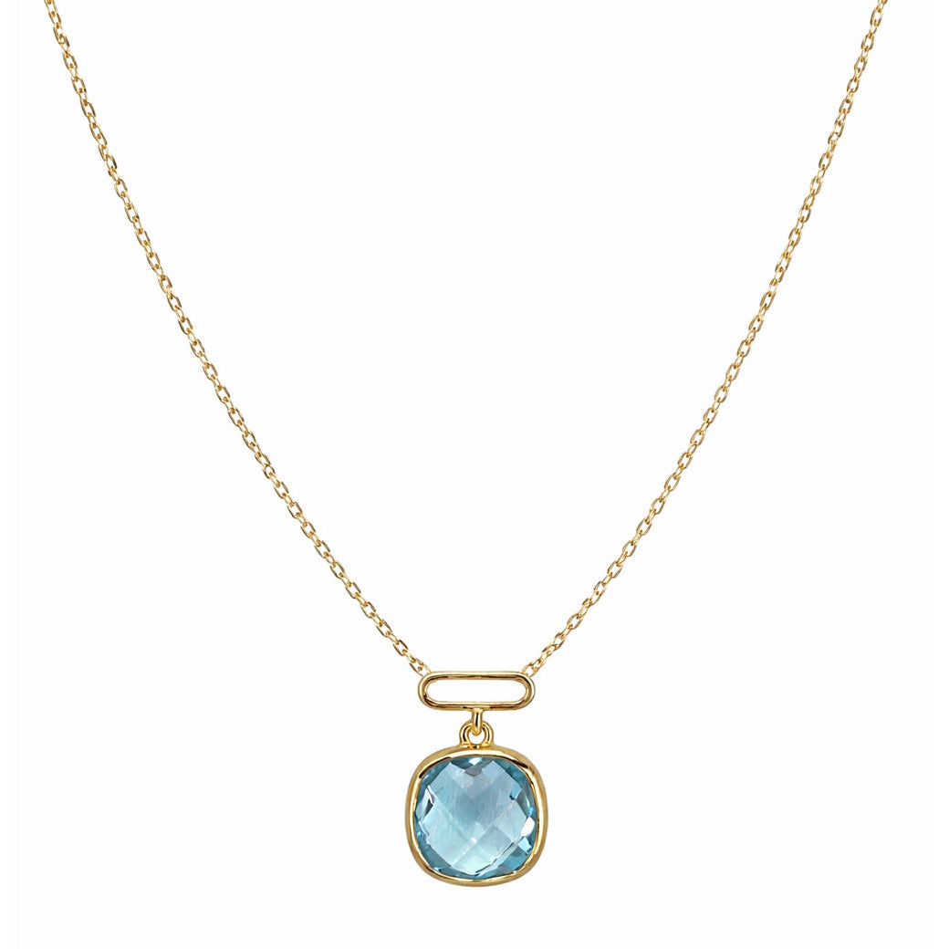 14k Blue Topaz Cushion Paperclip Square Pendant Necklace