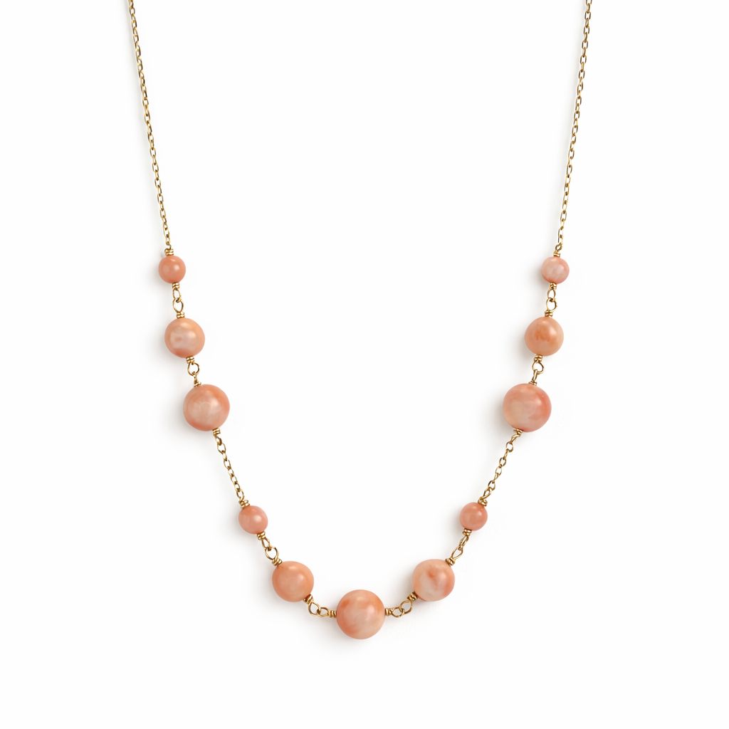 14k Pink Coral 3 Station Link Necklace