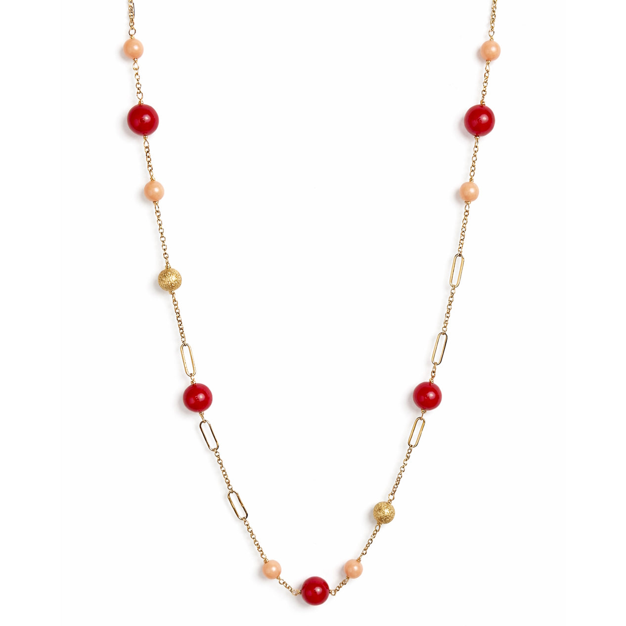 14k Pink/Red Coral Fancy Station Necklace