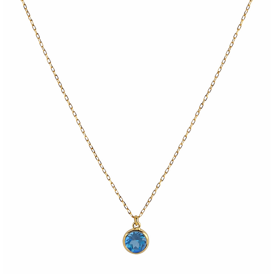 14k Swiss Blue Topaz Round Bezel Pendant Necklace