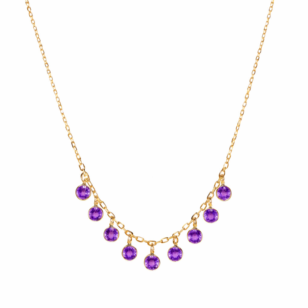 14k Amethyst 9 Round Bezel Drop Necklace