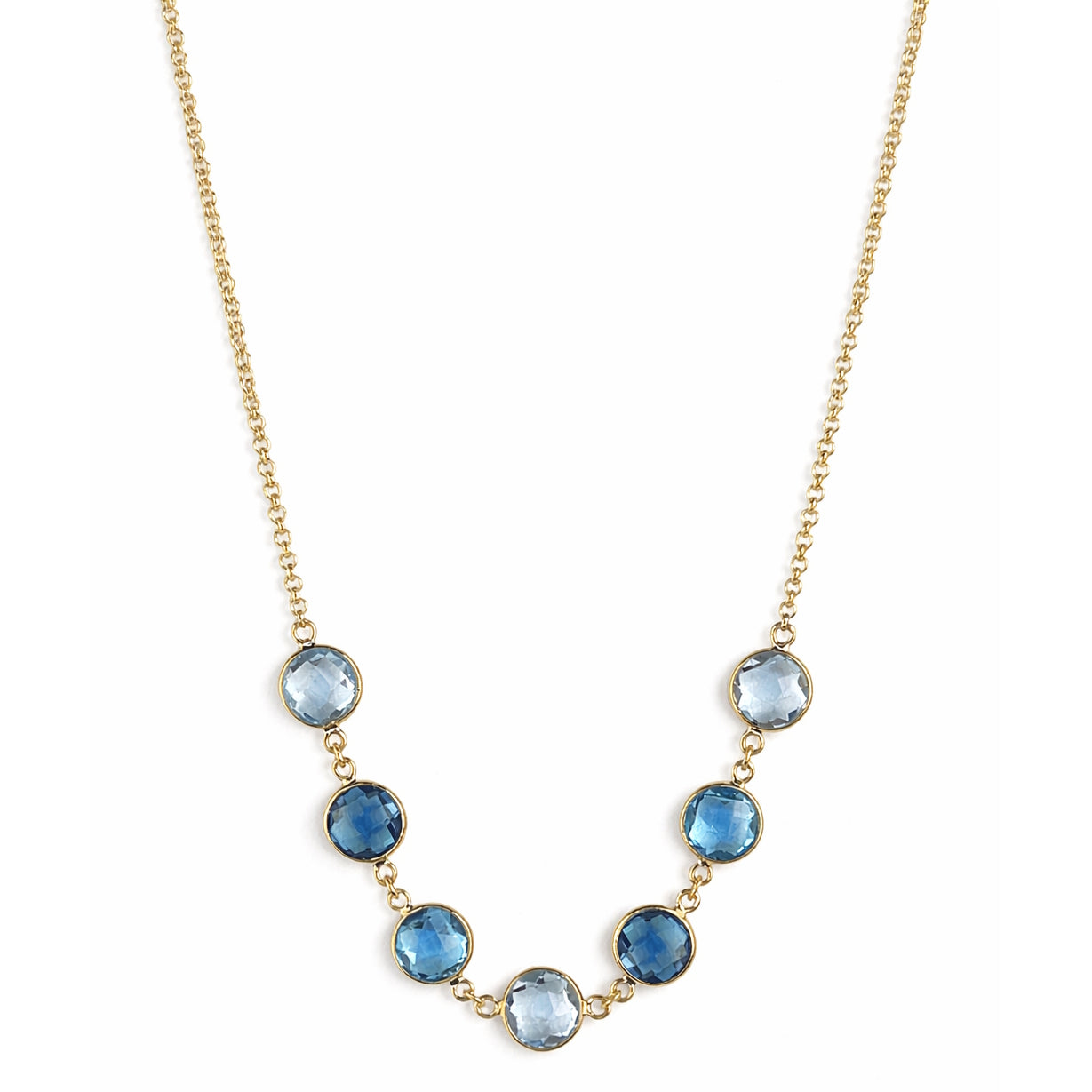 14k Multi Color Blue Topaz 7 Bezel Front Necklace
