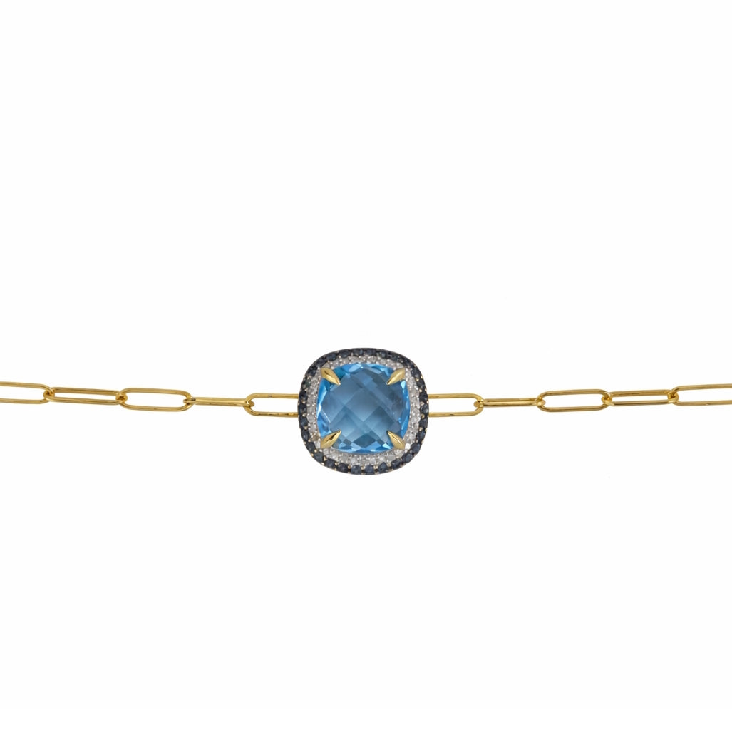 14k Swiss London Blue Topaz & Diamond Cushion Center Paperclip Necklace