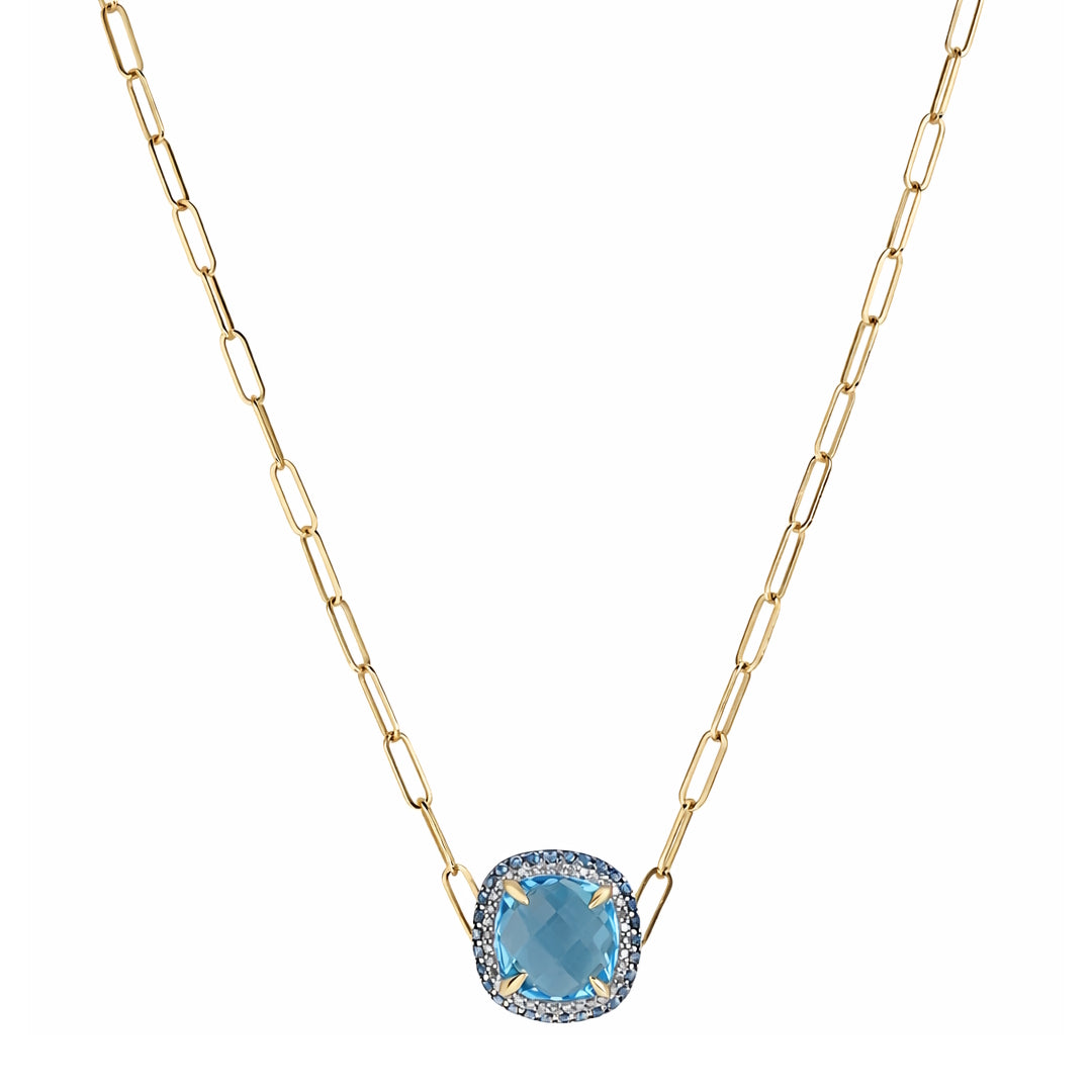 14k Swiss London Blue Topaz & Diamond Cushion Center Paperclip Necklace