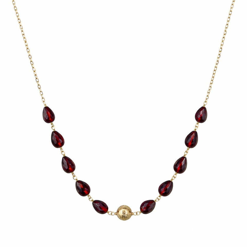 14k Garnet Drop Link Gold Ball Front Station Necklace