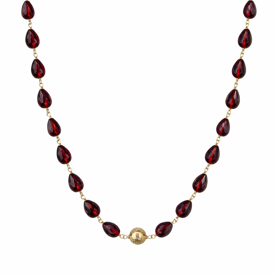 14k Garnet Drop Link Gold Ball Center Necklace