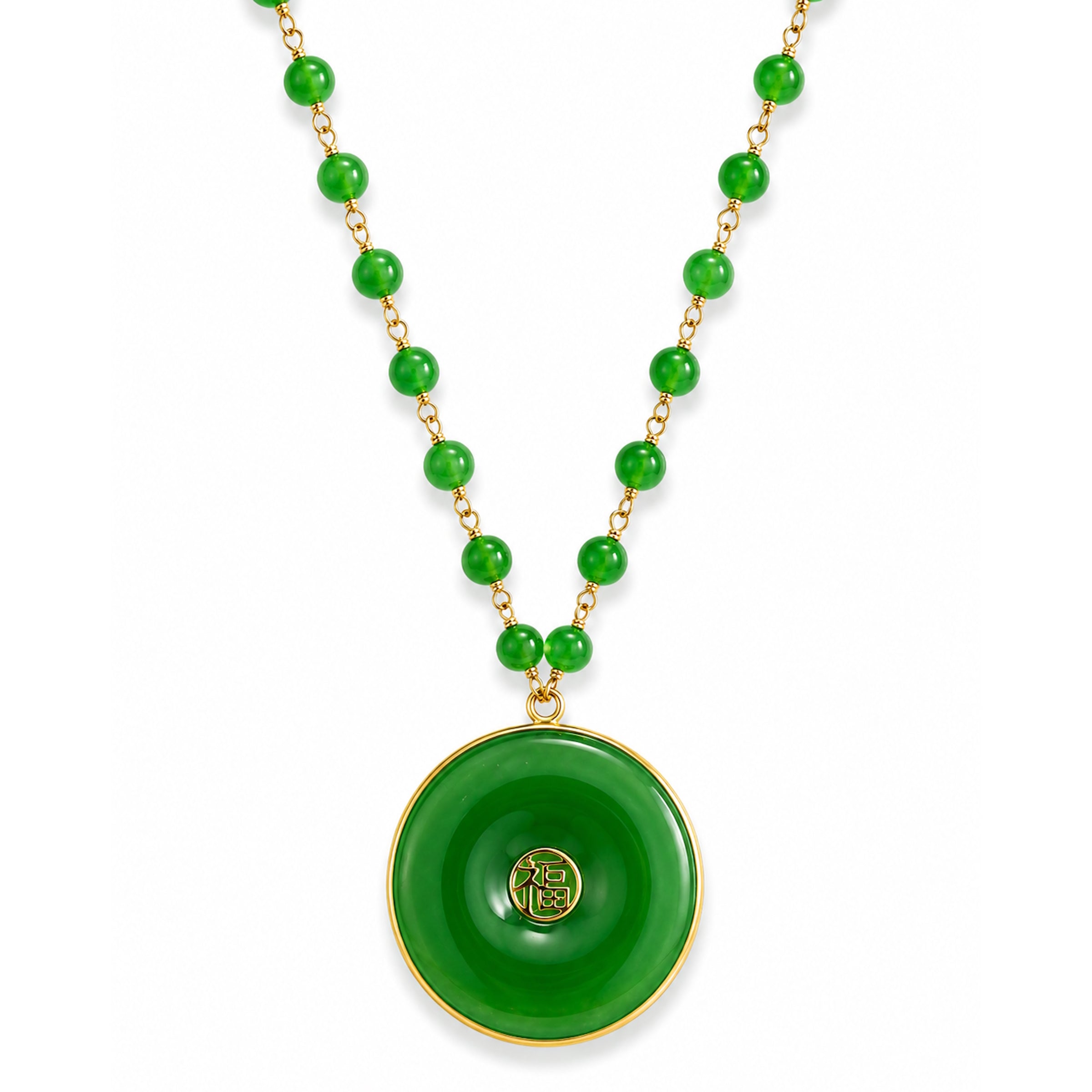 14k Green Jade Link with Good Luck Pendant Necklace