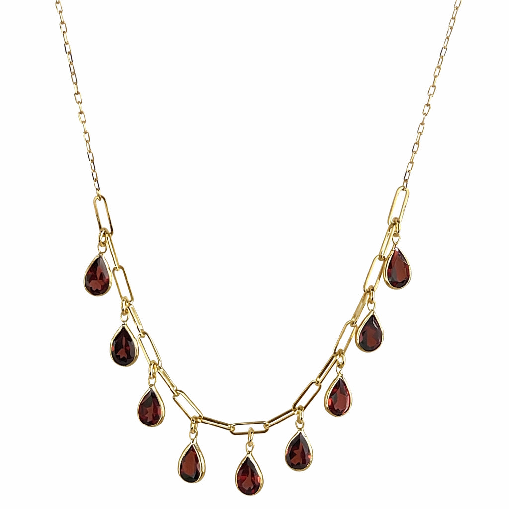 14k Garnet 9 Pear Drop Paperclip Cable Chain Necklace