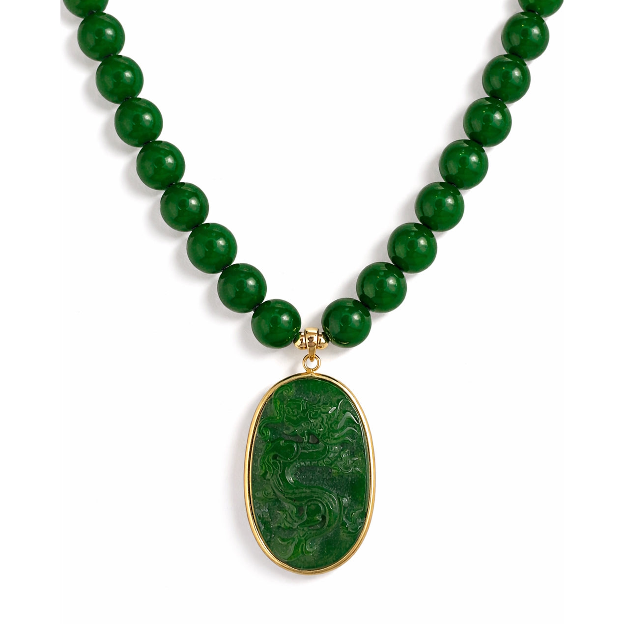 14k Green Jade Carved Dragon Oval Pendant Necklace