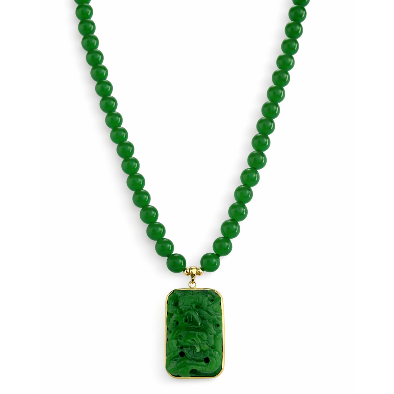 14k Green Jade Carved Dragon Pendant Necklace