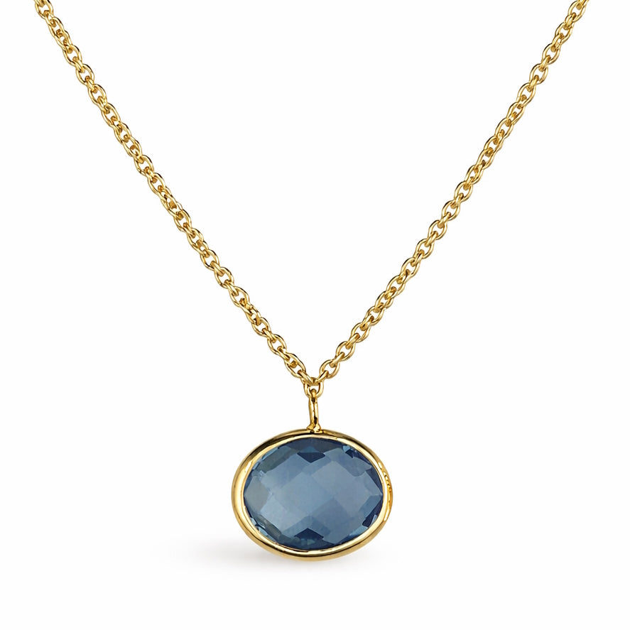 14k Faceted London Blue Topaz Oval Pendant Bezel Necklace