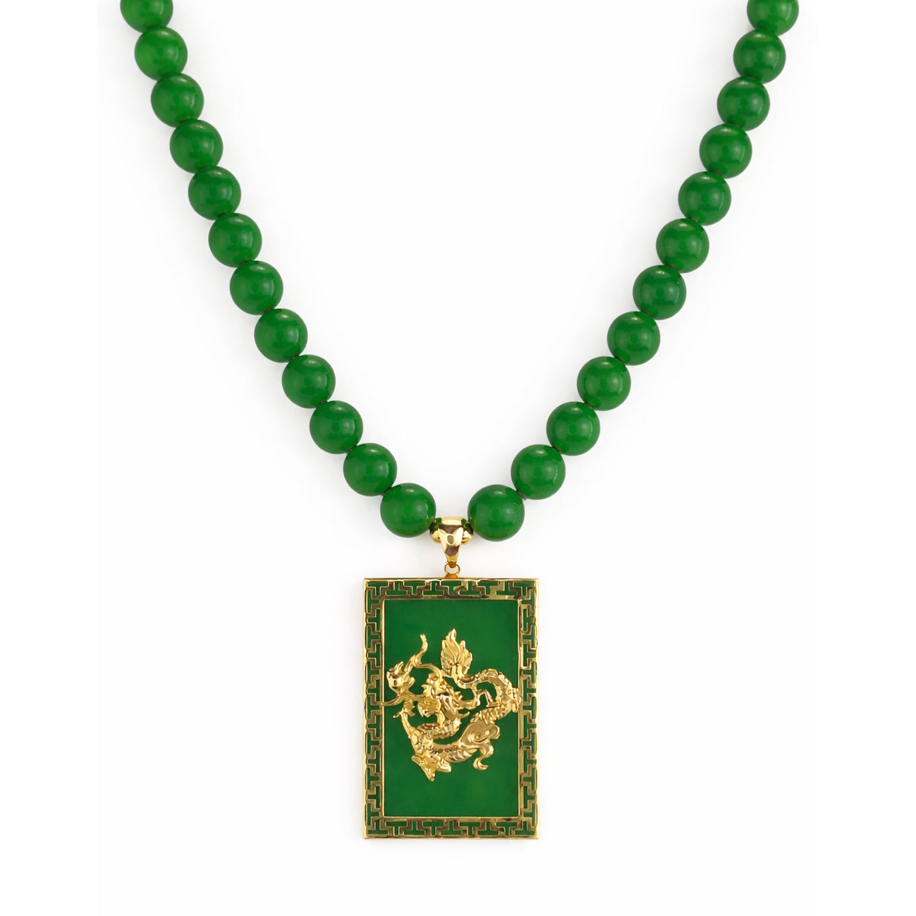14k Green Jade Dragon Rectangle Shape Pendant Necklace