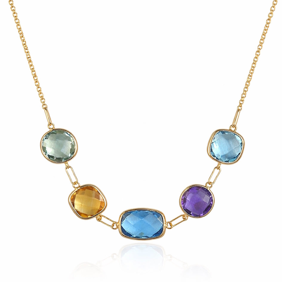 14k Multi Gemstone 5 Bezel Link Front Necklace