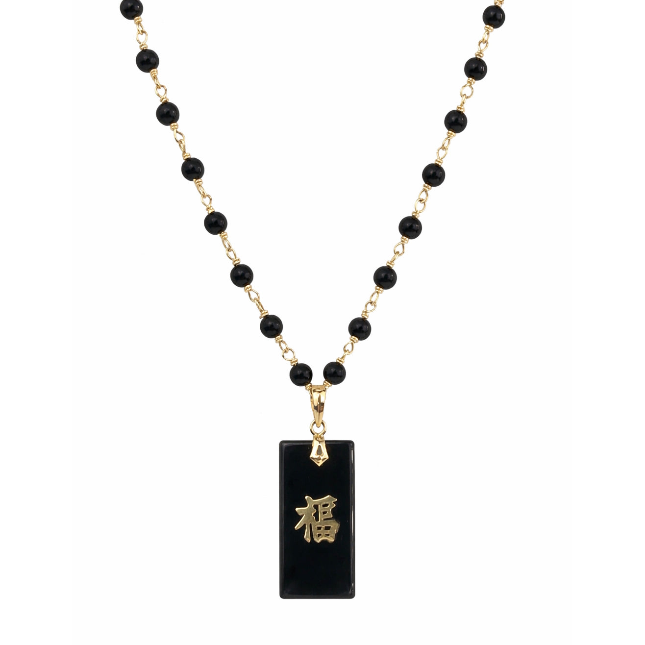 14k Black Onyx Link with Rectangle Gold Lucky Pendant Necklace