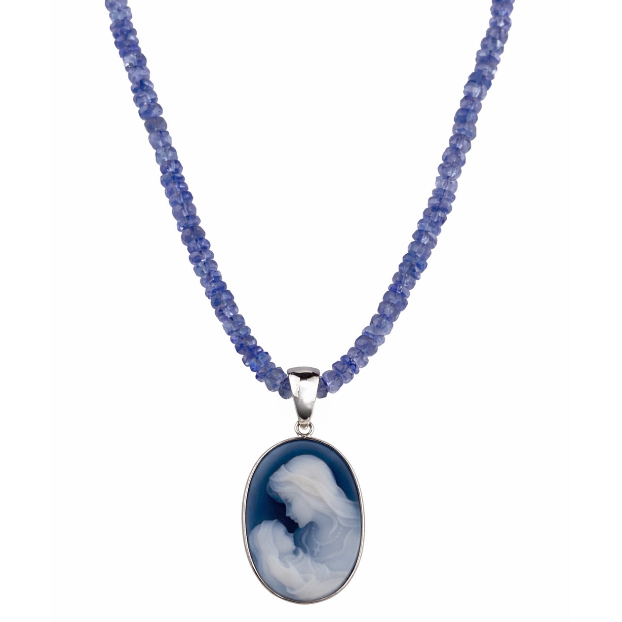 14k White Gold Tanzanite with Mother Child Cameo Oval Pendant Necklace