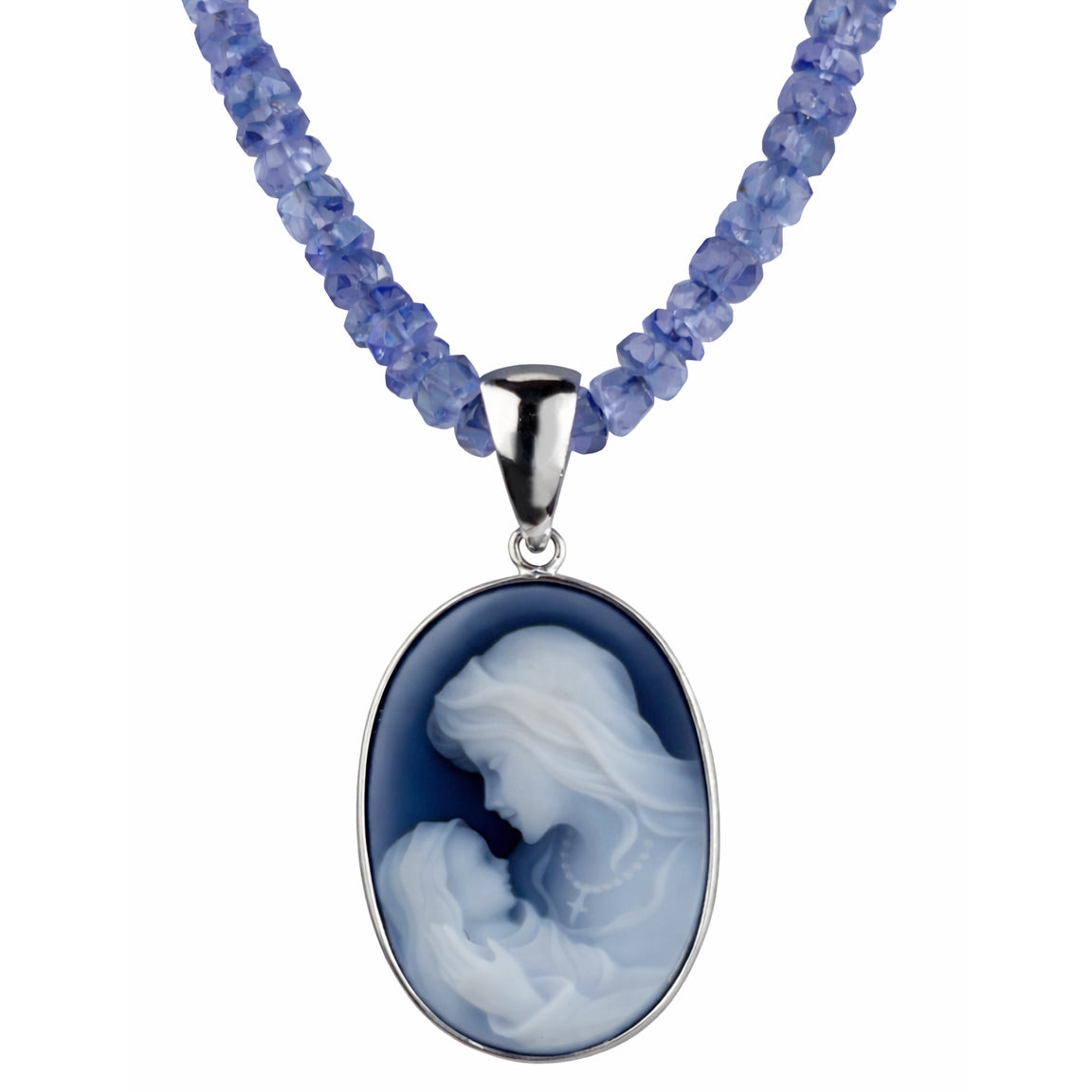 14k White Gold Tanzanite with Mother Child Cameo Oval Pendant Necklace