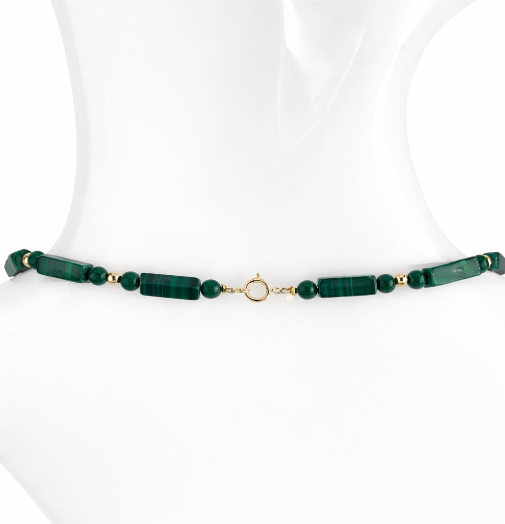14k Malachite Round Rectangle Gold Ball Necklace