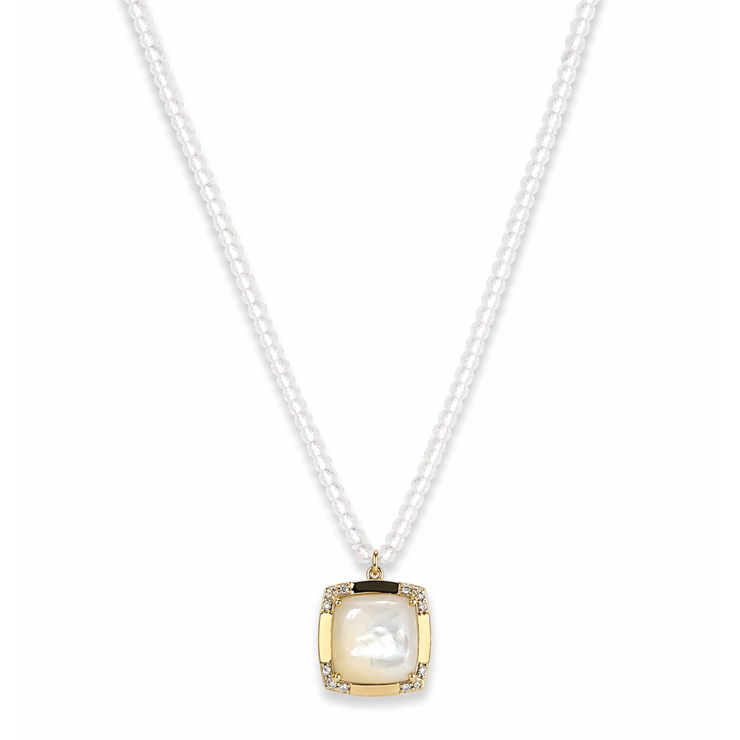 14k White Topaz & Mother of Pearl Fancy Cushion Pendant Necklace