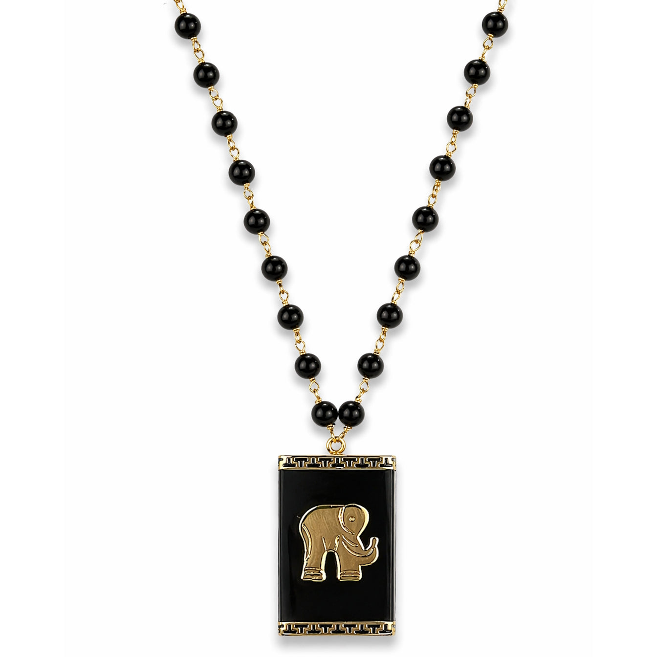14k Black Onyx Link with Elephant Rectangle Pendant Necklace