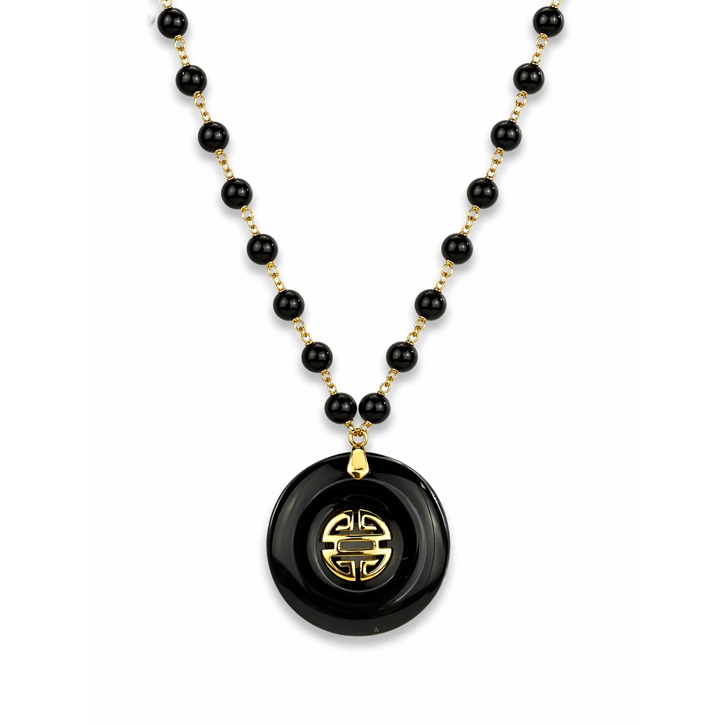 14k Black Onyx Link with Long Life Round Pendant Necklace